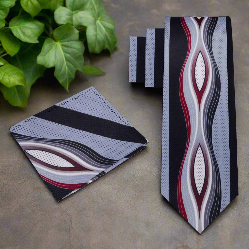 Alt View:  Grey, Red Abstract Tie and Pocket Square