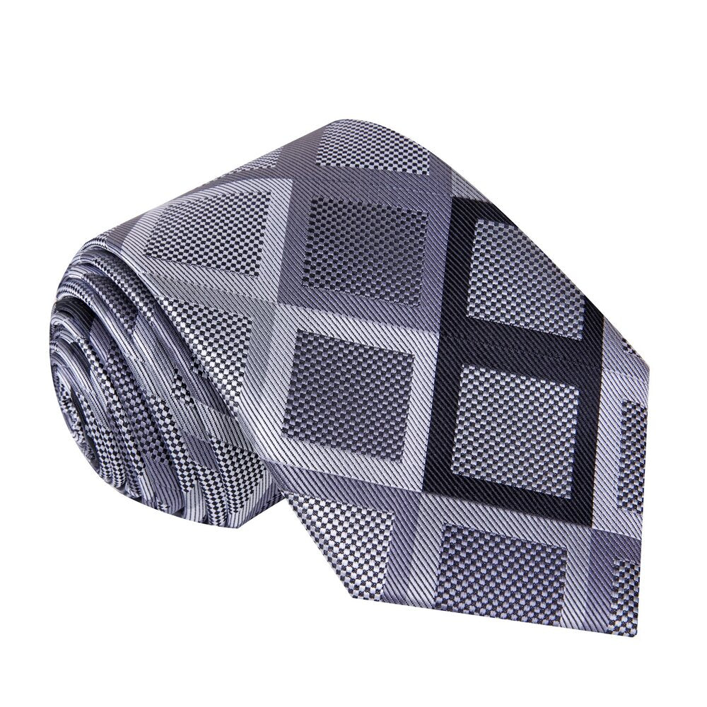 A Grey, Black Large Diamond Pattern Silk Necktie 
