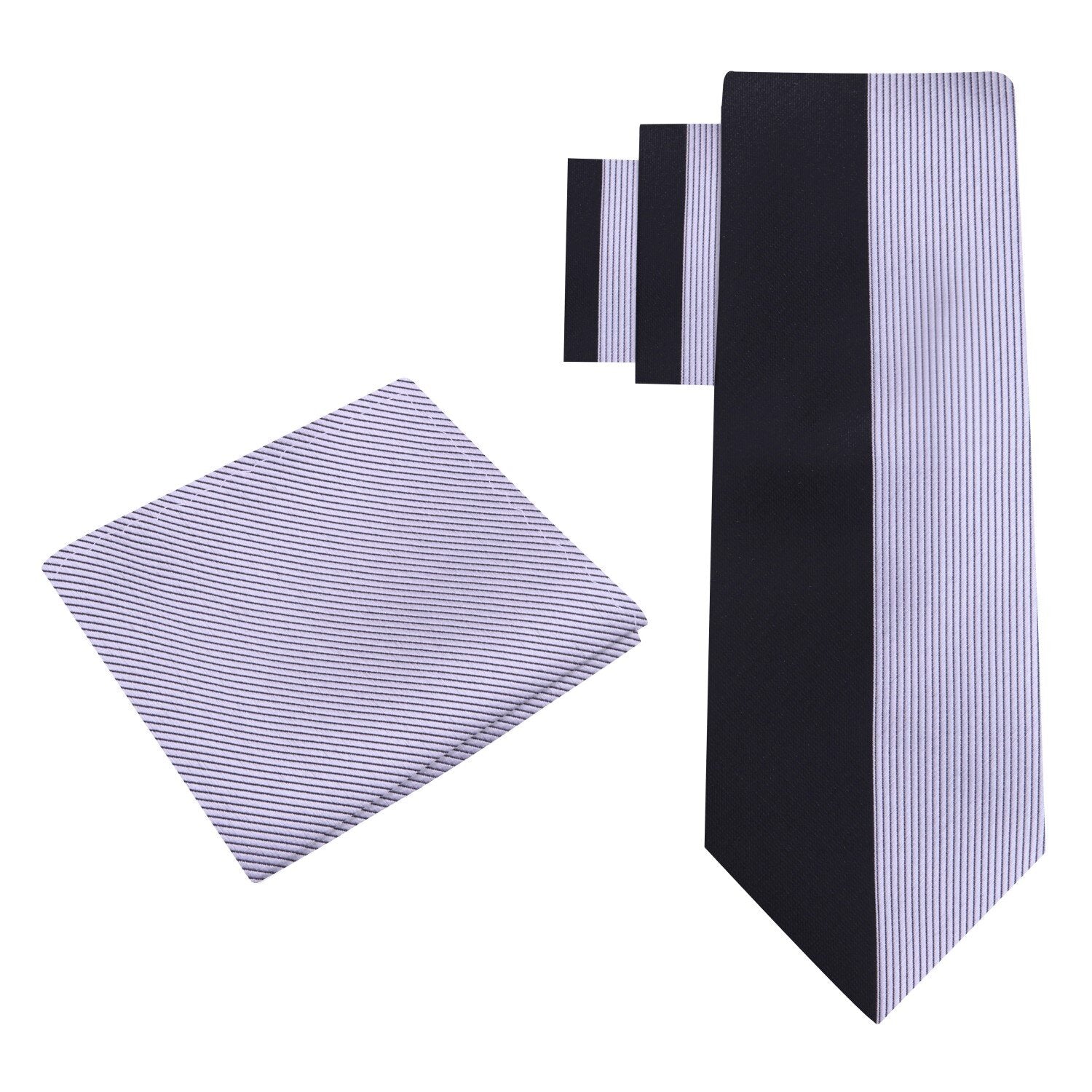Alt View: A Black, Silver Geometric Lined Pattern Silk Necktie, Solid Grey Pocket Square
