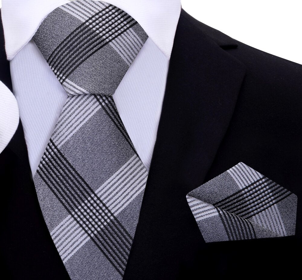 Grey, White, Black Plaid Tie and Pocket Square||Grey, White, Black