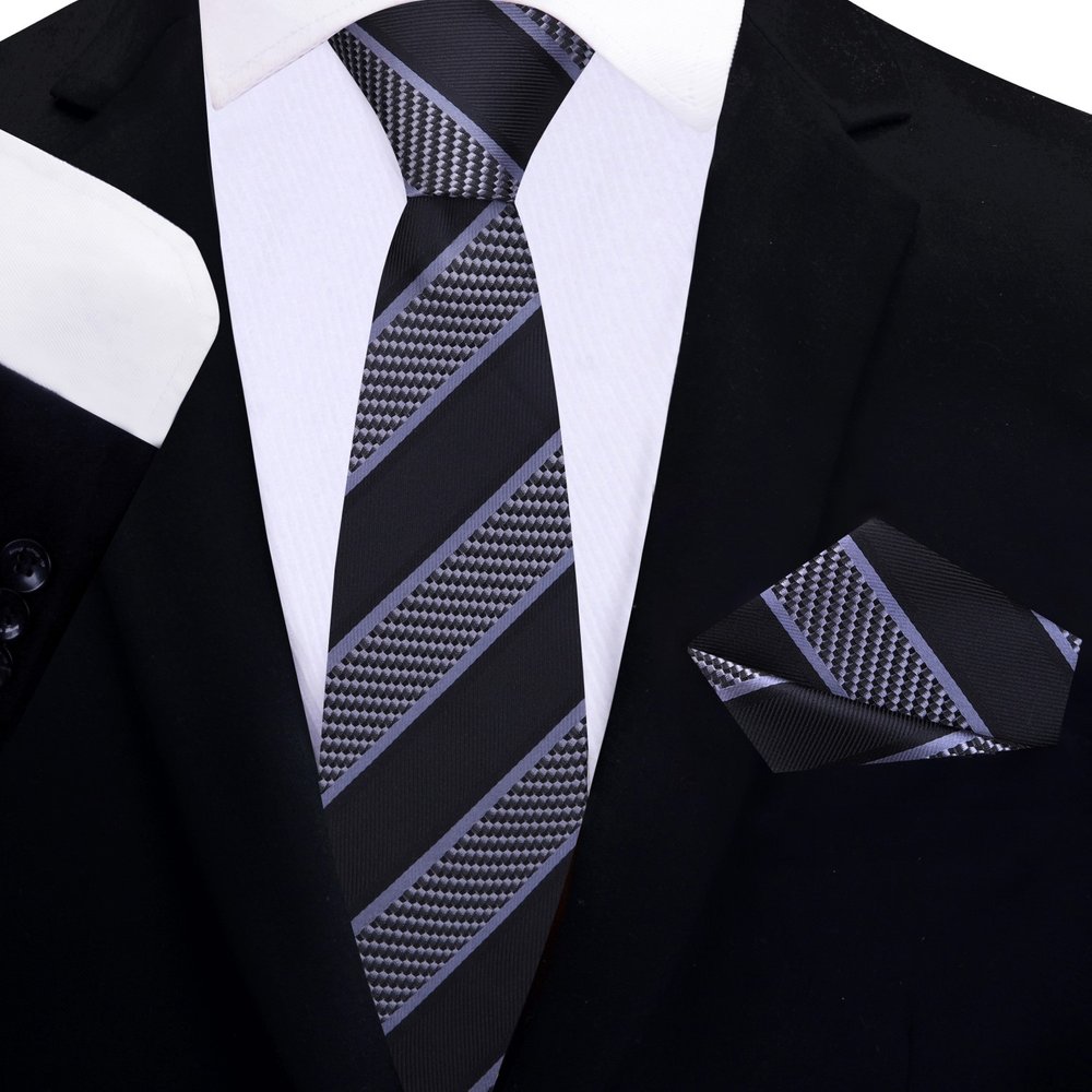 Black, Grey Victory Stripe Thin Tie and Pocket Square||Black Grey
