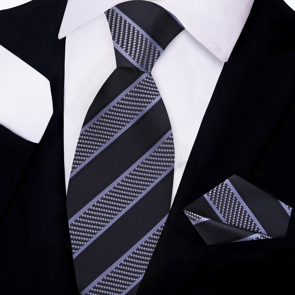 Black, Grey Victory Stripe Tie and Pocket Square||Black Grey