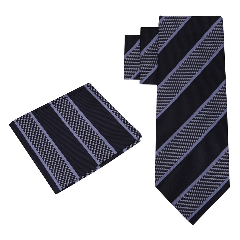 Alt View: Black, Grey Victory Stripe Tie and Pocket Square
