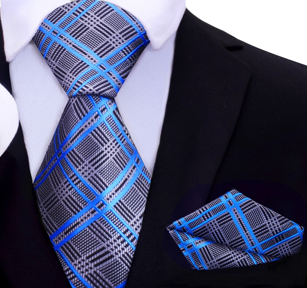A Grey, Black, Blue Plaid Pattern Silk Necktie With Matching Pocket Square||Blue, Grey, Black