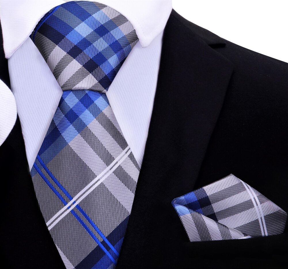Grey, Blue, Black Plaid Tie and Pocket Square||Blue, Silver