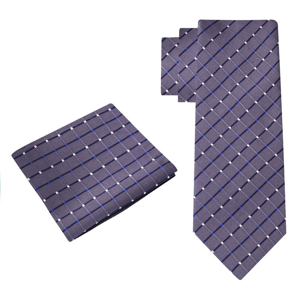 Alt View: A Silver, White, Blue Geometric Pattern Silk Necktie With Matching Pocket Square