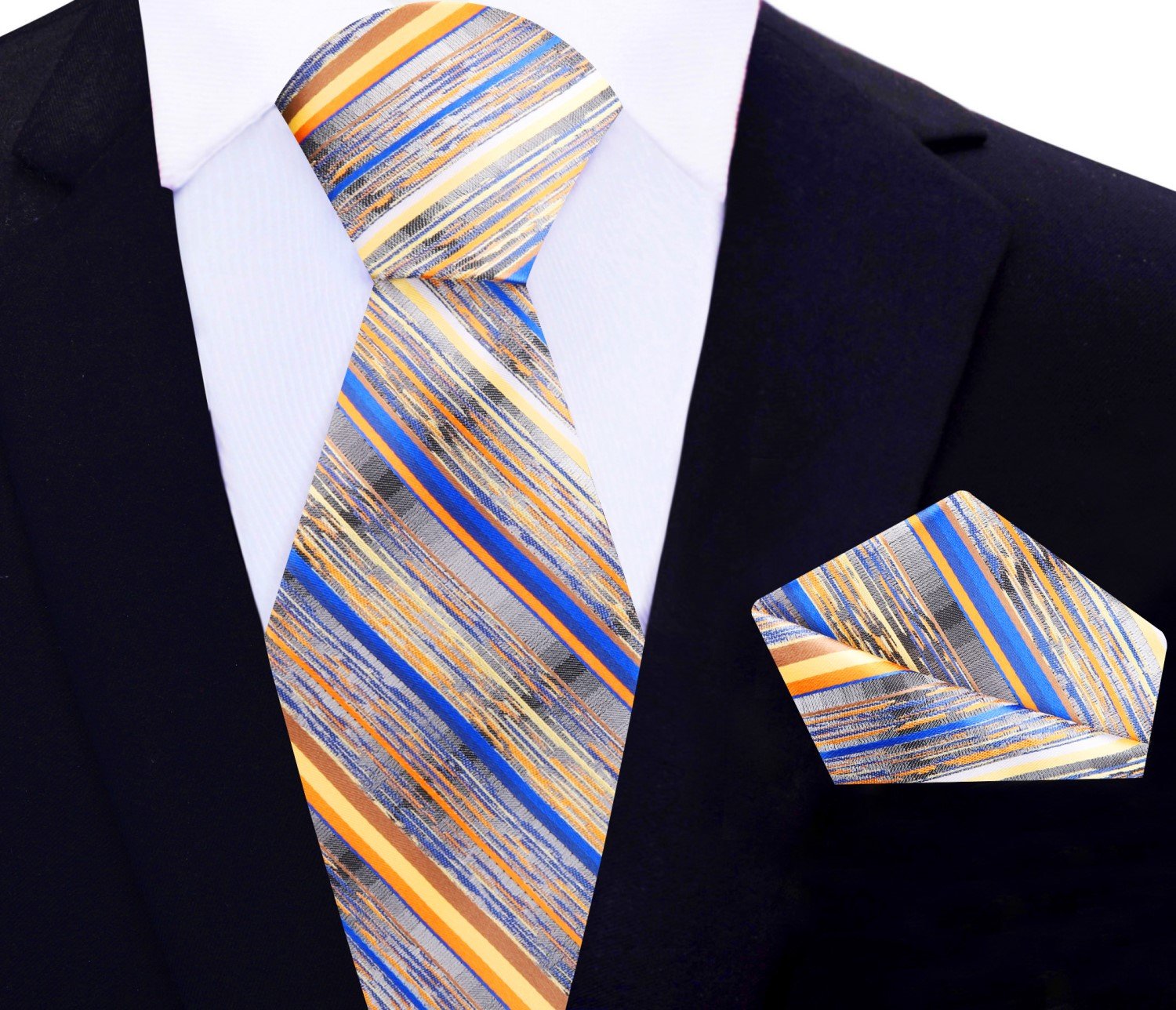 Main View: Blue Yellow Stripe Tie and Square