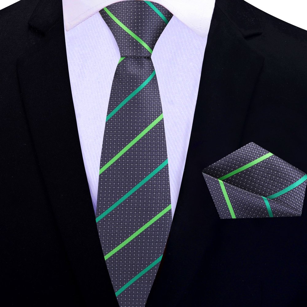 Grey, Green Stripe Thin Tie and Square||Grey/Green