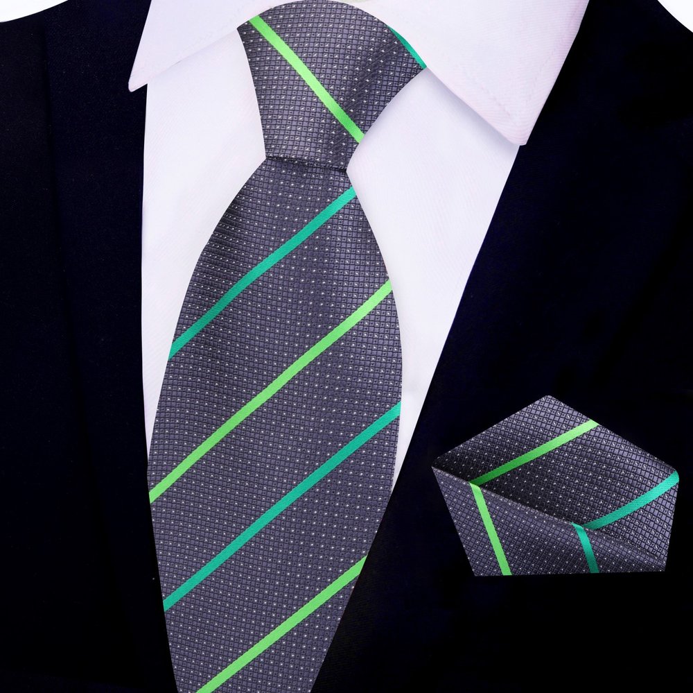 Grey, Green Stripe Tie and Square||Grey/Green