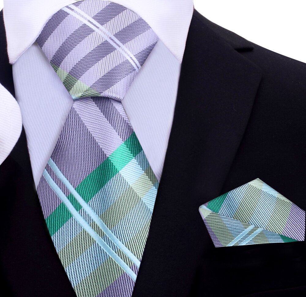 Grey, Green Plaid Tie and Pocket Square||Green, Silver