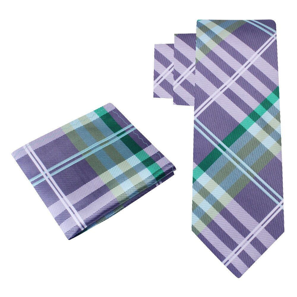 Grey, Green, White Plaid Tie and Pocket Square