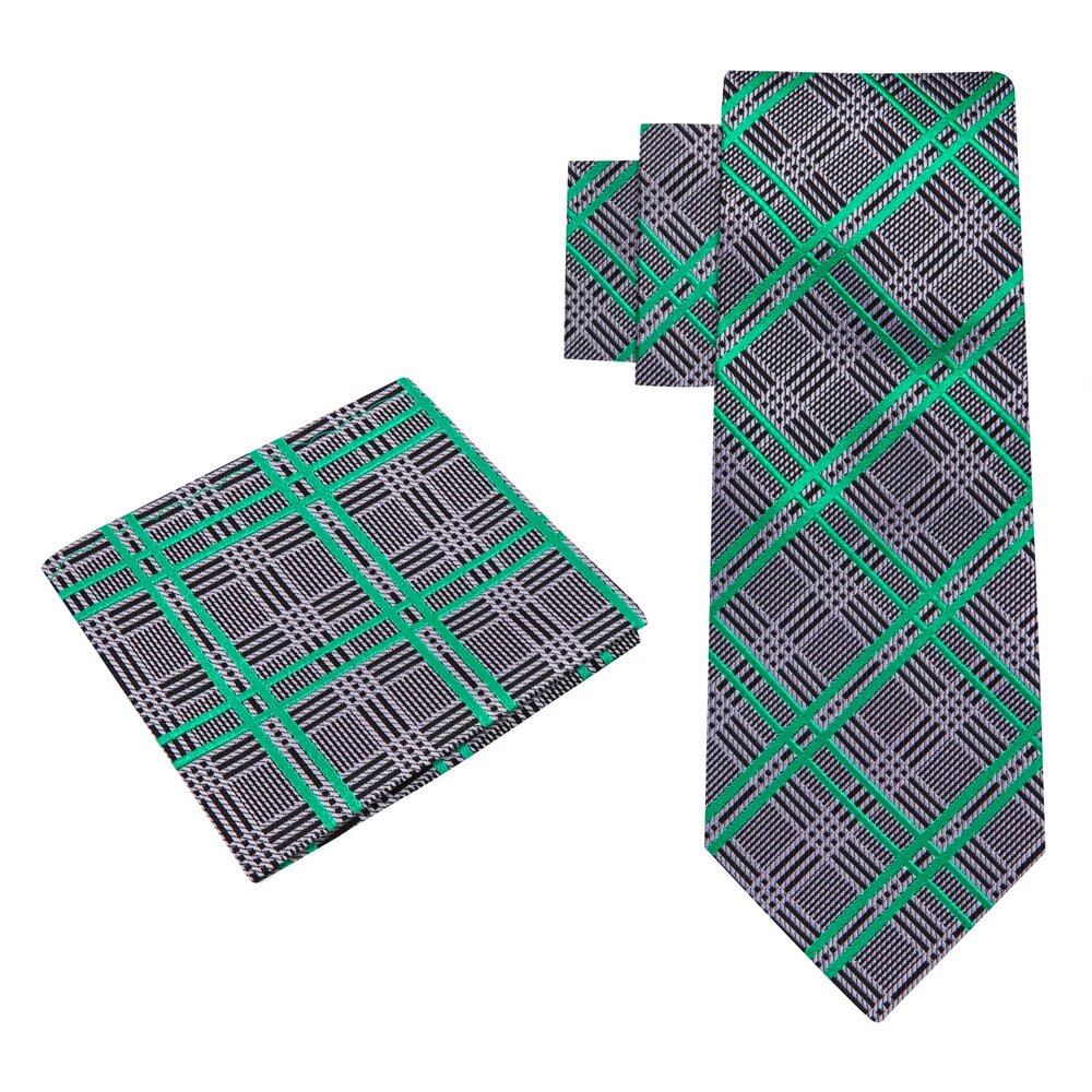 Alt View: A Grey, Black, Green Plaid Pattern Silk Necktie With Matching Pocket Square