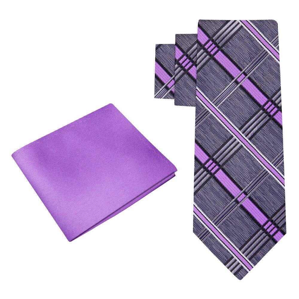 Alt View: A Rich Grey With Lavender Pattern Silk Necktie With Solid Lavender Pocket Square