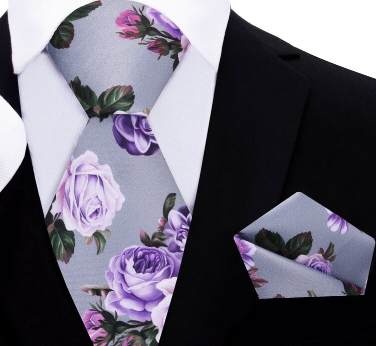 Main View: A Grey, Plum, Lilac, Lavender Bold Roses With Leaves Pattern Silk Necktie Set, Matching Pocket Square