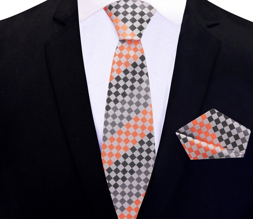 Thin Tie View; Grey, Orange Geometric Tie and Pocket Square||Orange, Grey