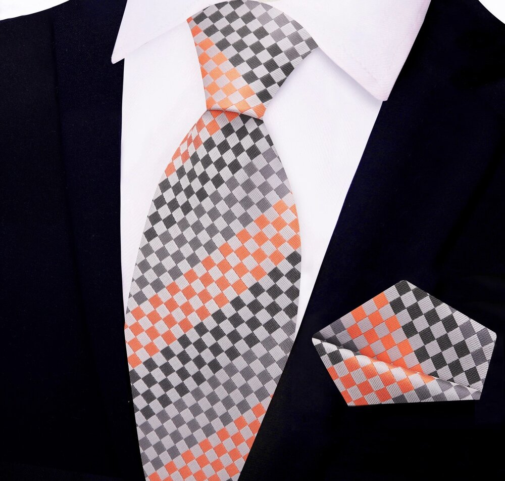 Grey, Orange Geometric Tie and Pocket Square||Orange, Grey