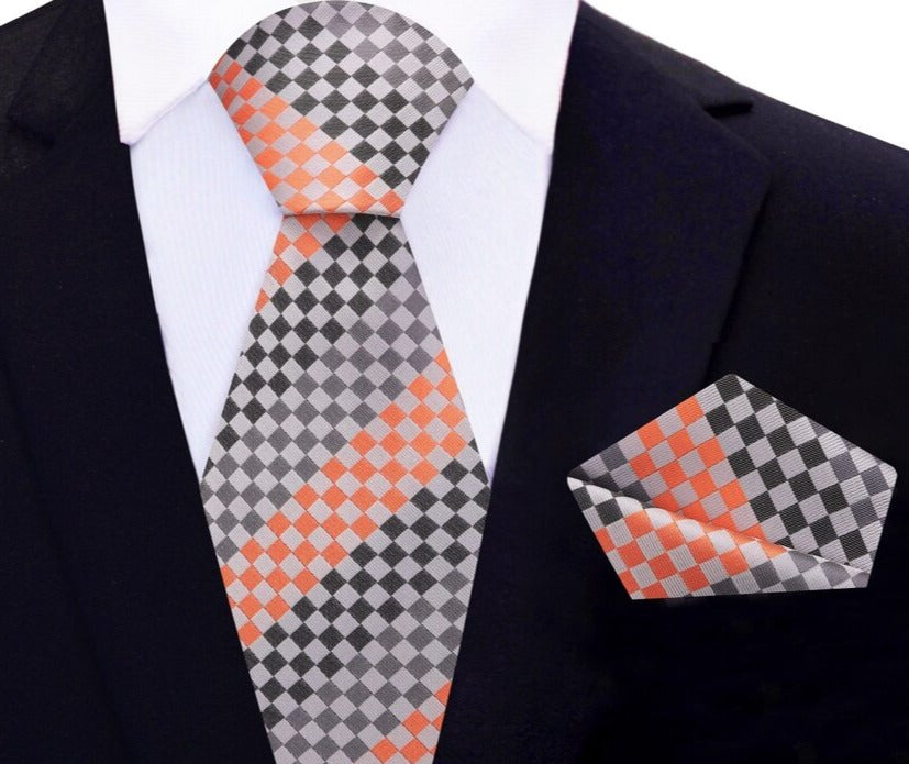 Main View: Grey, Orange Geometric Tie and Pocket Square
