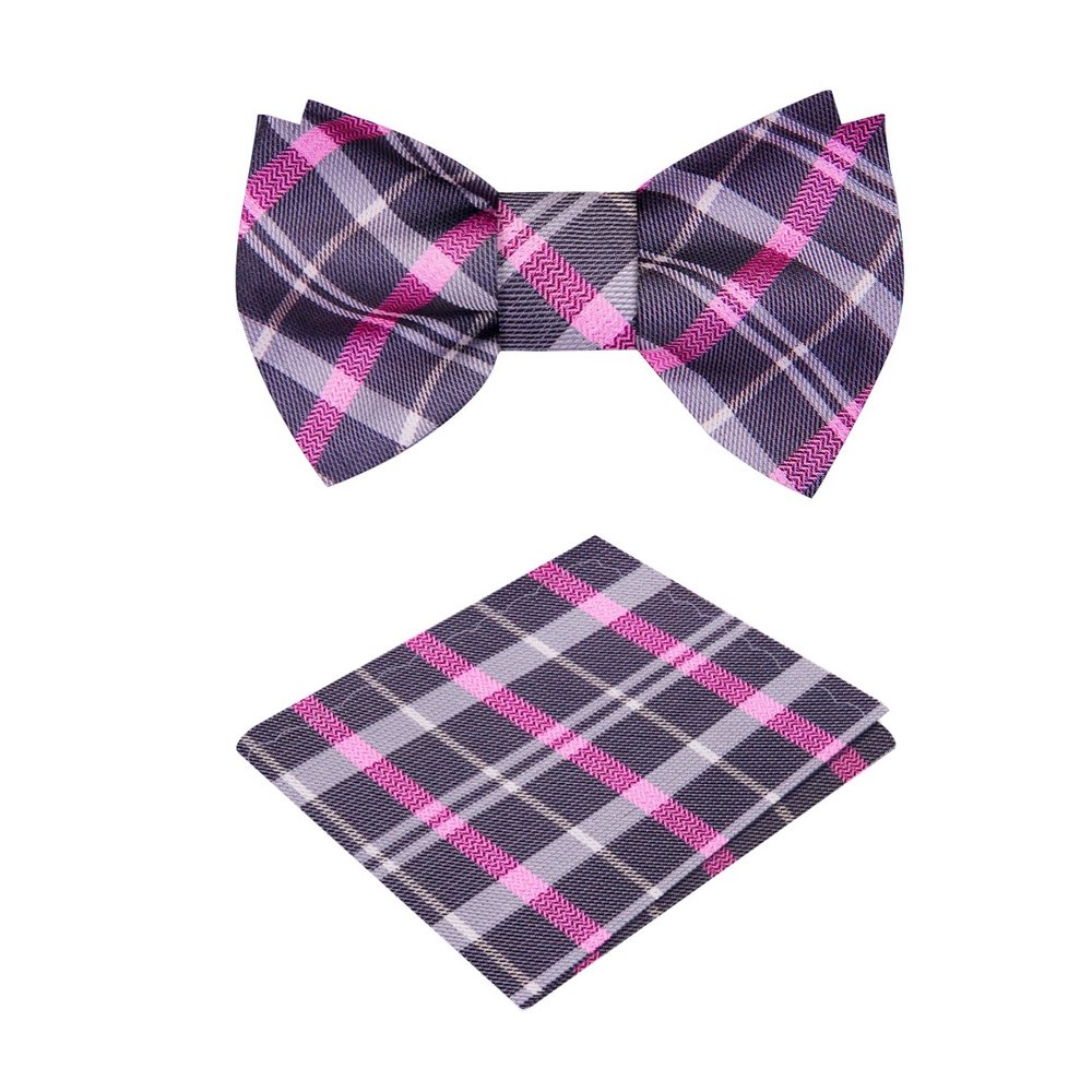Grey, Pink Plaid Bow Tie and Pocket Square||Grey, Pink