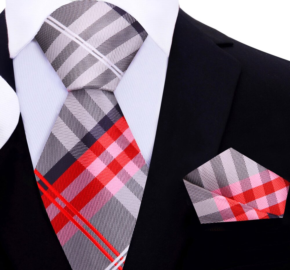 Grey, Red, White Plaid Tie and Pocket Square||Red, Silver