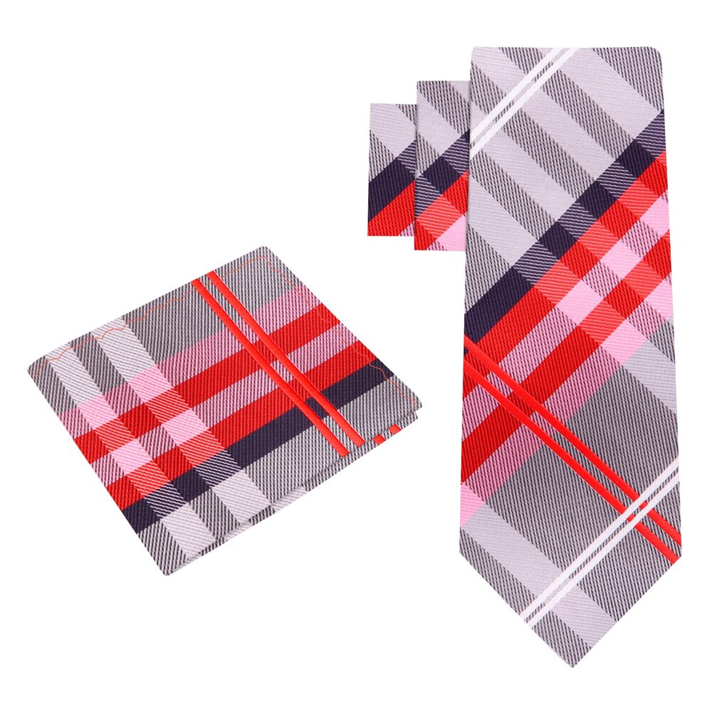 Alt View: Grey, Red, White Plaid Tie and Pocket Square