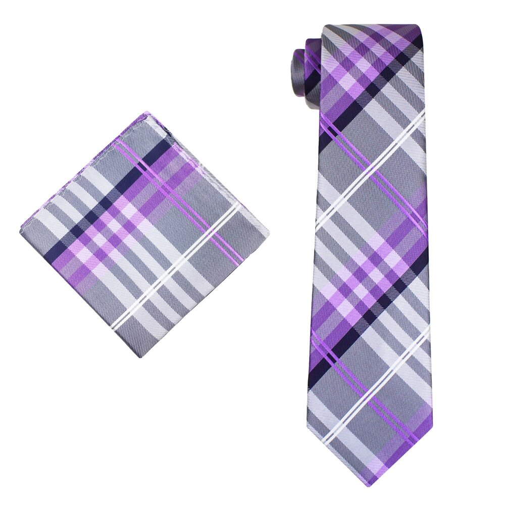 Alt View: Grey, Purple, Black, White Plaid Tie and Pocket Square
