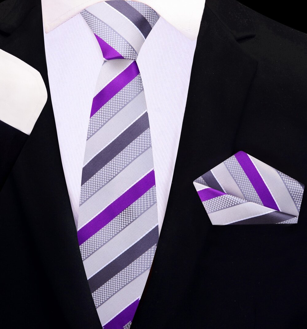 Grey, Purple Stripe Thin Tie and Pocket Square||Court Purple