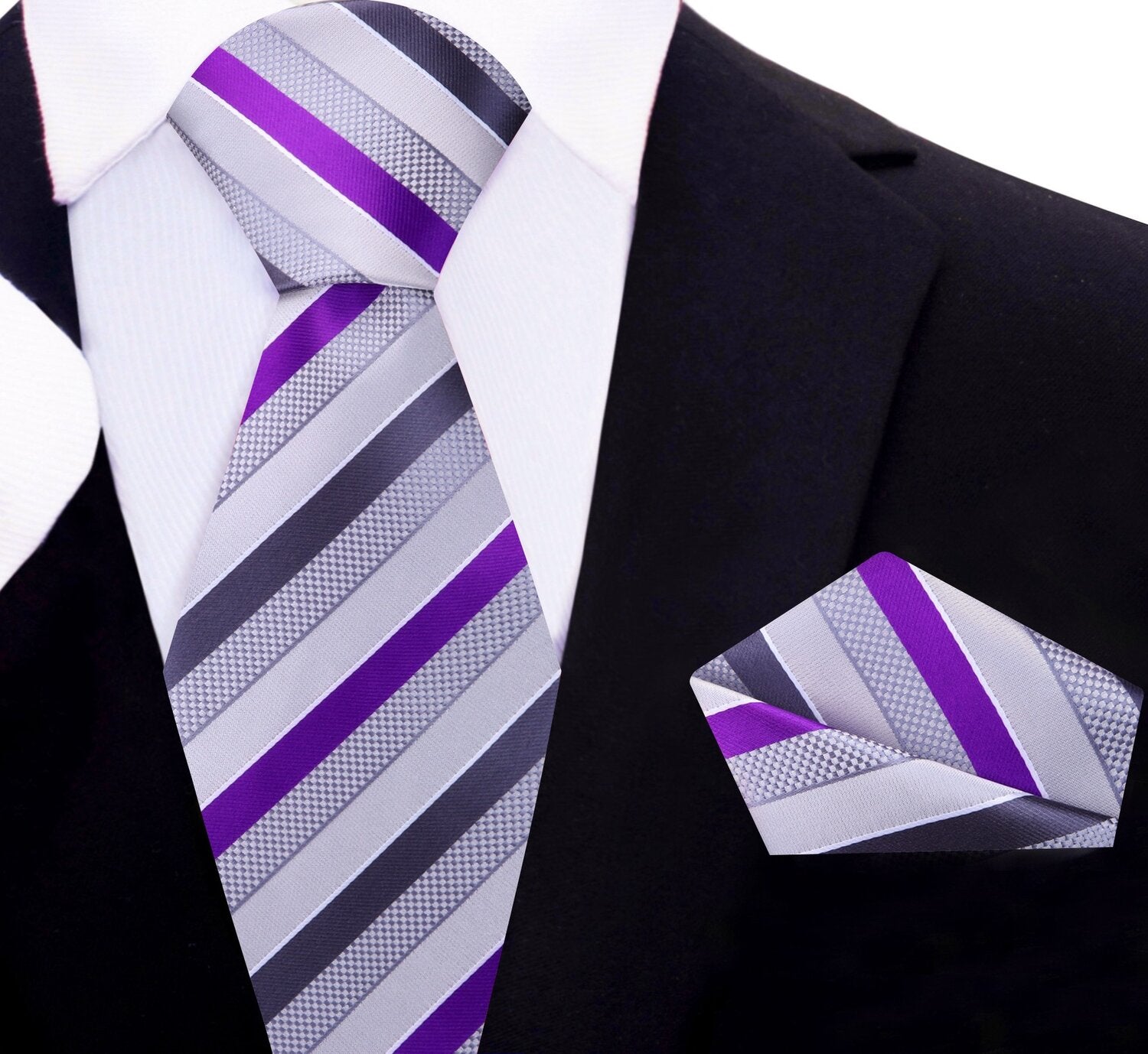 Main View: Grey, Purple Stripe Tie and Pocket Square