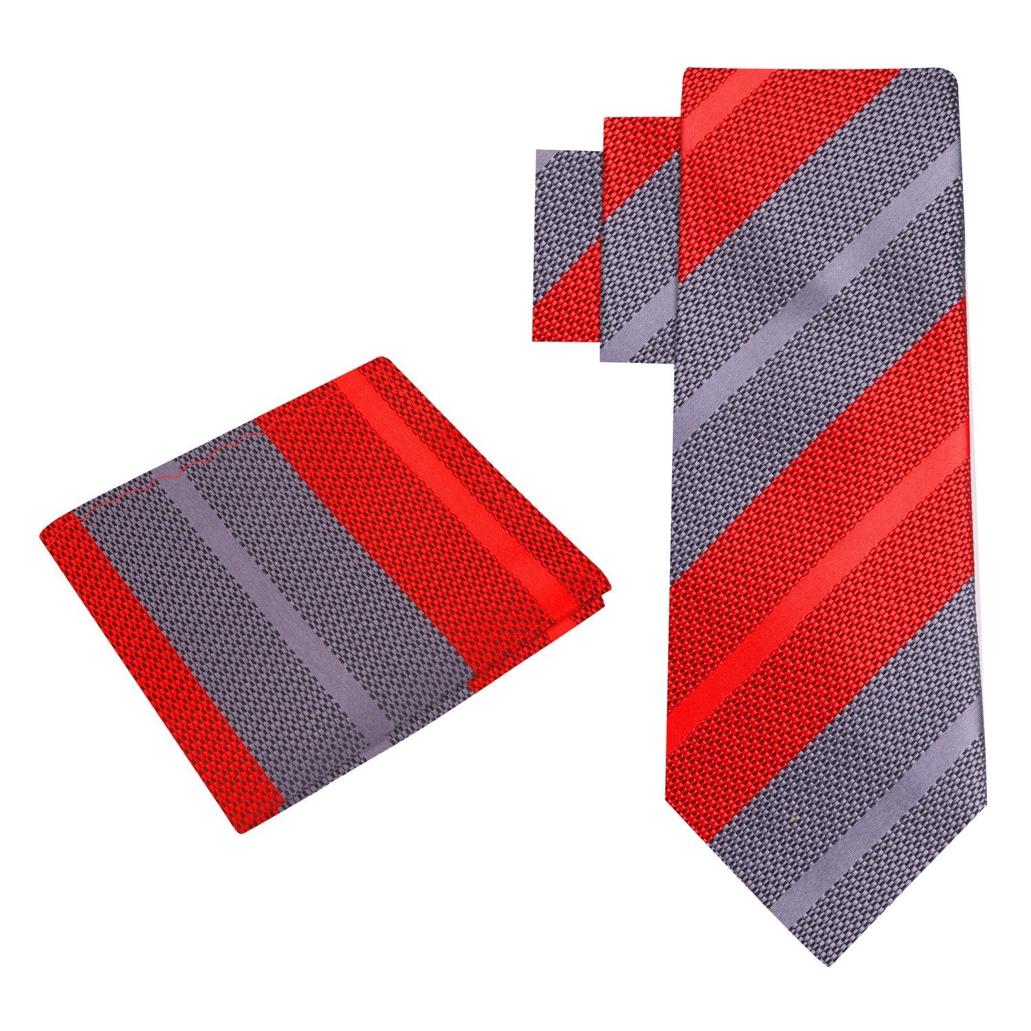 Alt View: Red/Grey Stripe Tie and Pocket Square