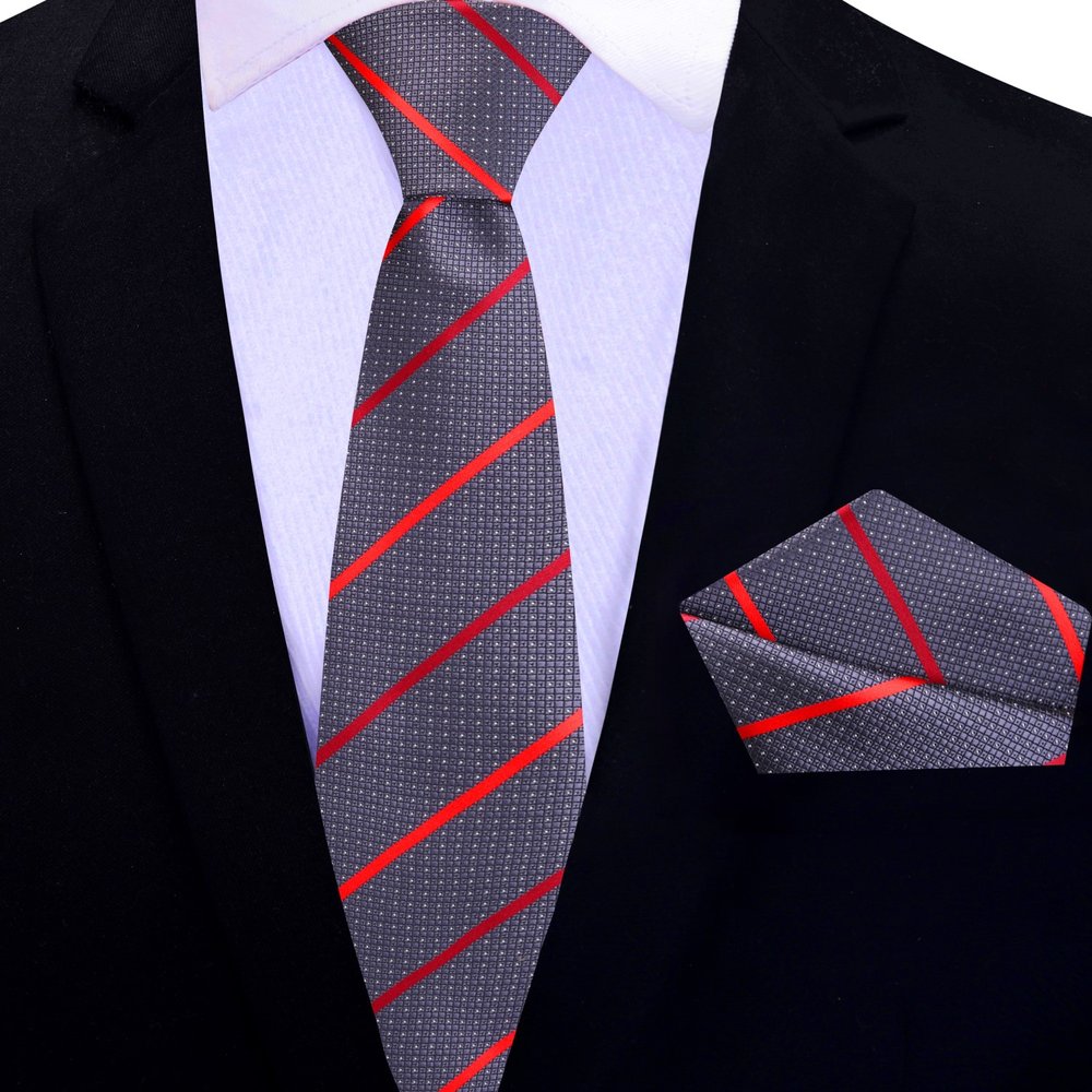 Grey, Red Stripe Thin Tie and Square||Red/Grey