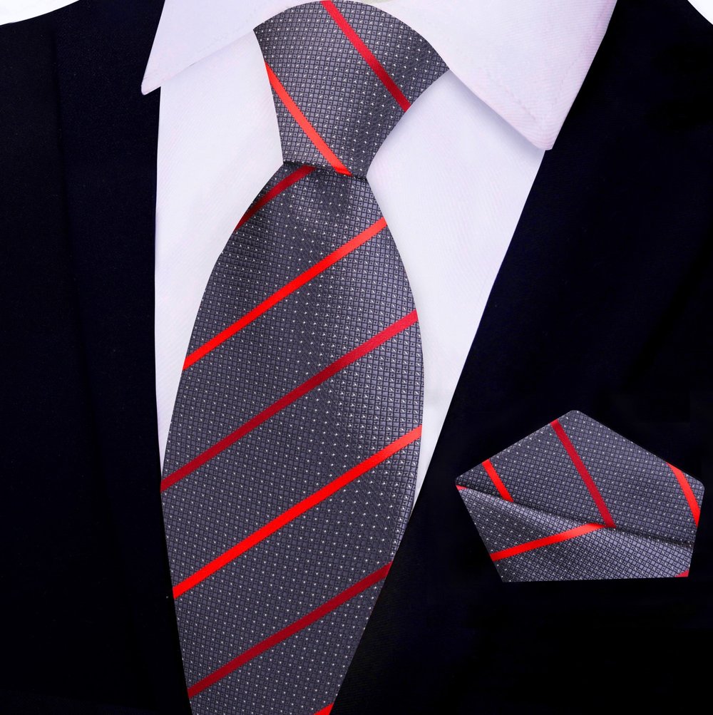 Grey, Red Stripe Tie and Square||Red/Grey