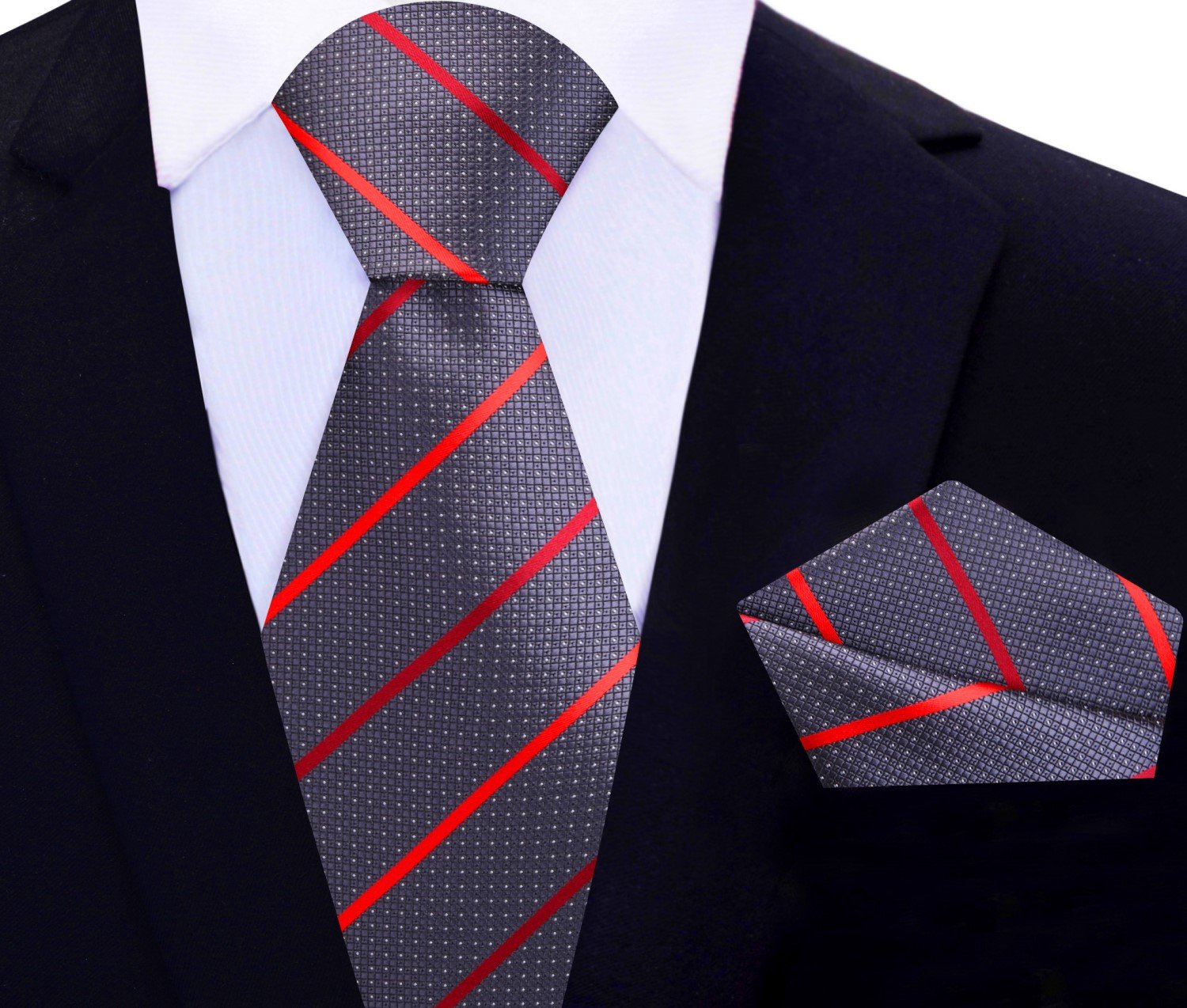 Main View: Grey, Red Stripe Tie and Square