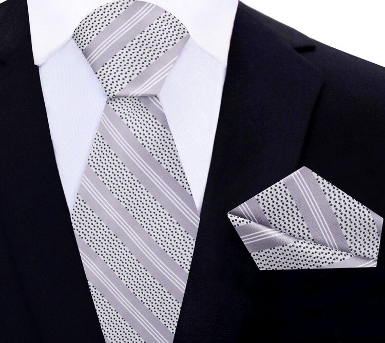 Grey, White and Black Stripes With Dot Silk Necktie and pocket Square