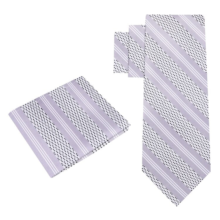 Alt View: White, Black, Light Grey Stripes With Dot Silk Necktie and Pocket Square