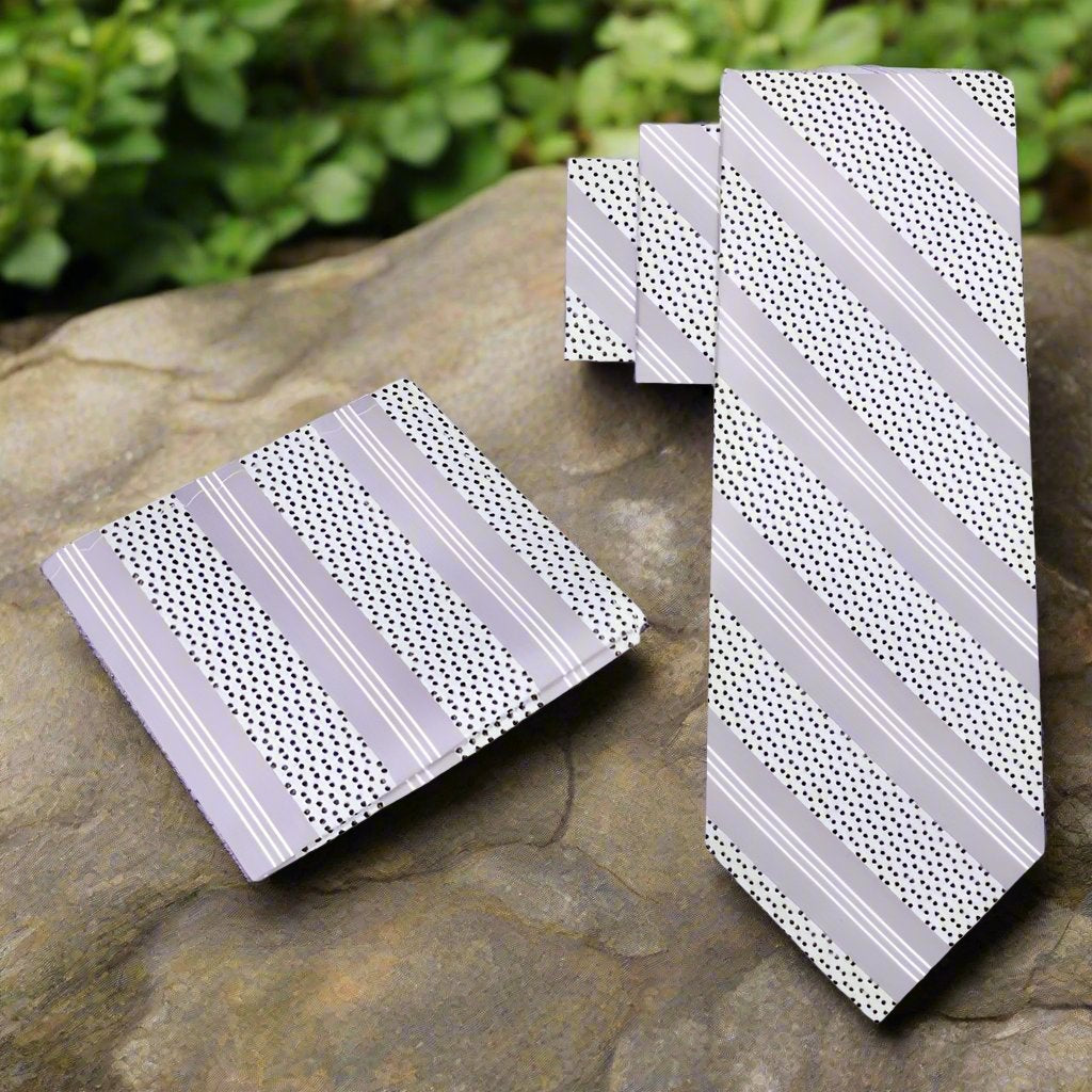 Alt View: White, Black, Light Grey Stripes With Dot Silk Necktie and Pocket Square