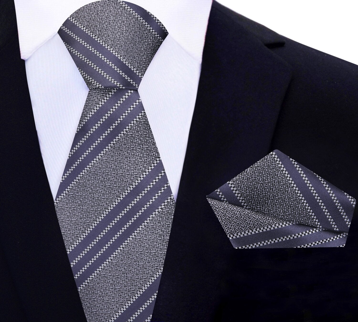 View 3: Grey, Black Stripe Tie and Pocket Square