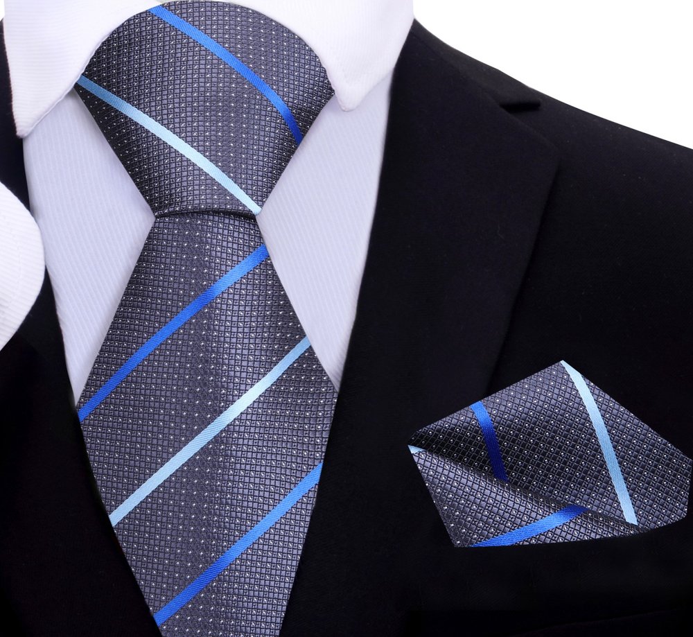 Grey, Blue Stripe Tie and Square||Grey, Dark Blue, Light Blue