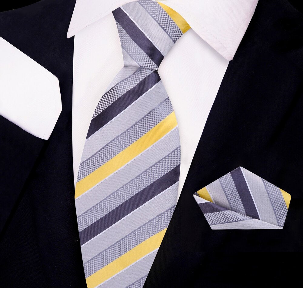 Grey, Yellow Stripe Tie and Pocket Square||Light Yellow