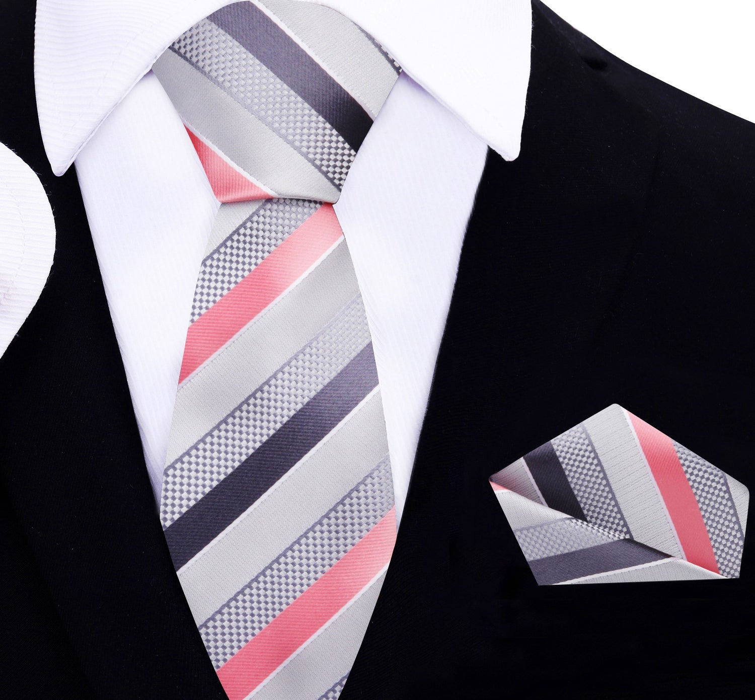Grey, Pink Stripe Thin Tie and Pocket Square