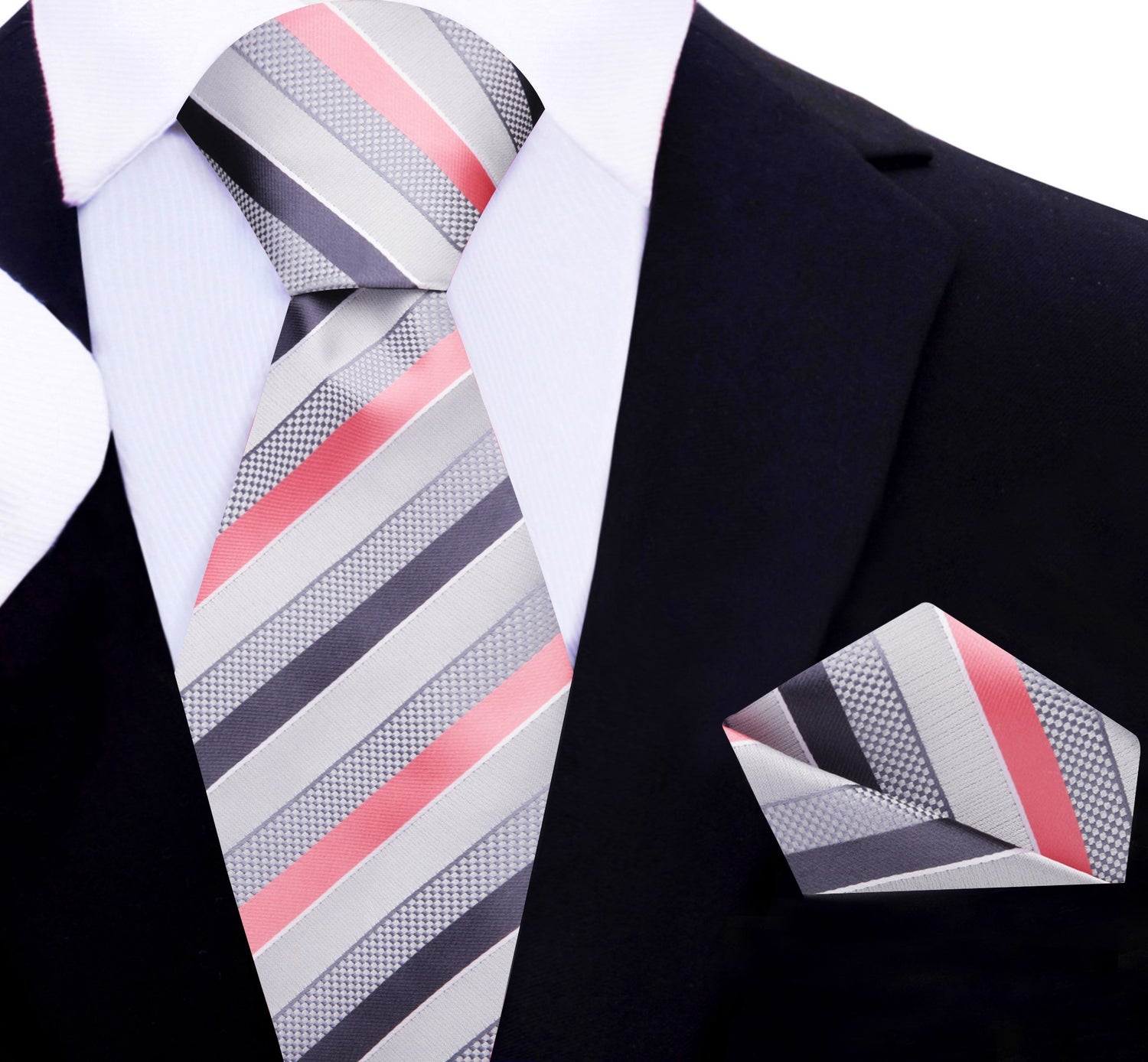 Main View: Grey, Pink Stripe Tie and Pocket Square