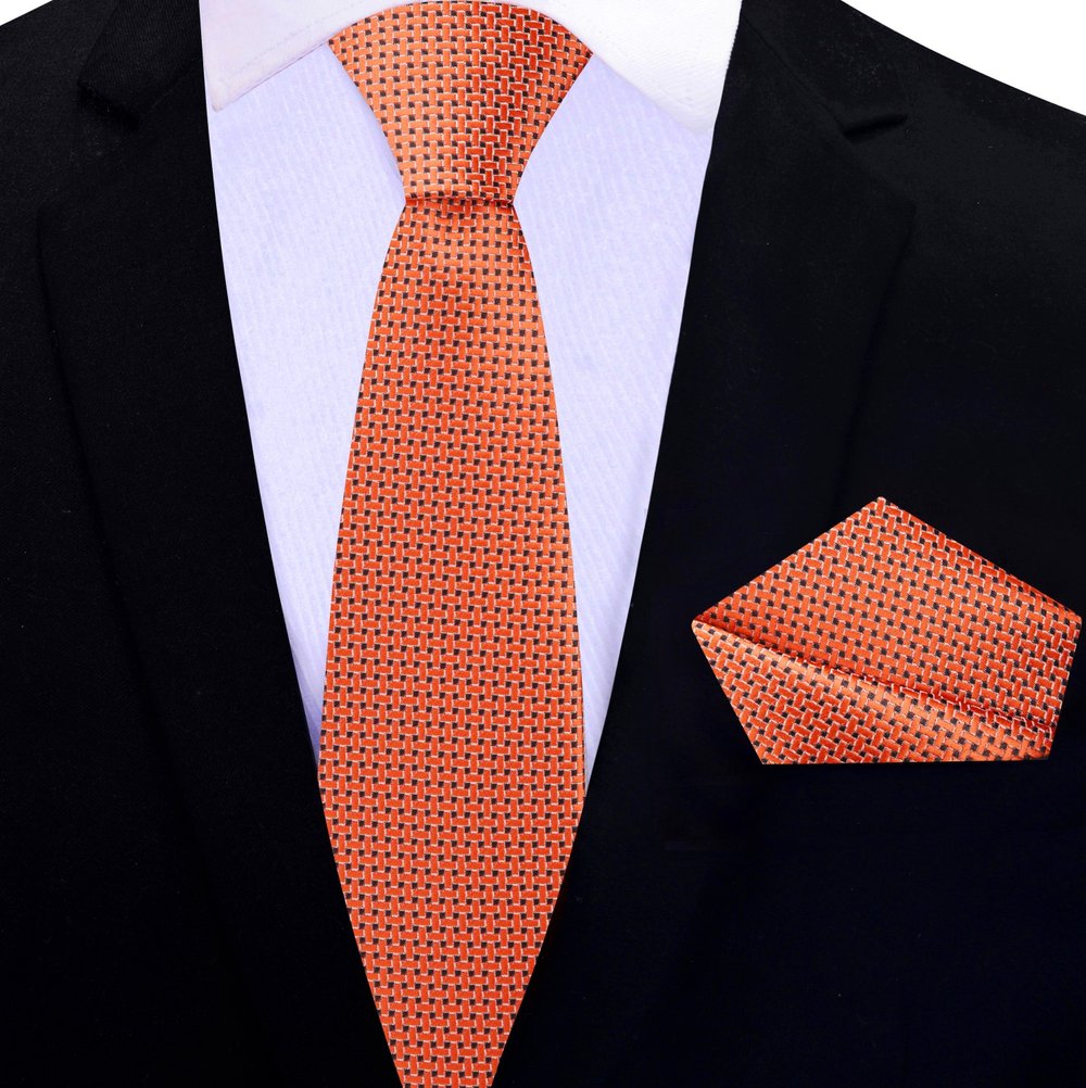 Rugged Orange, Black Geometric Thin Tie and Pocket Square