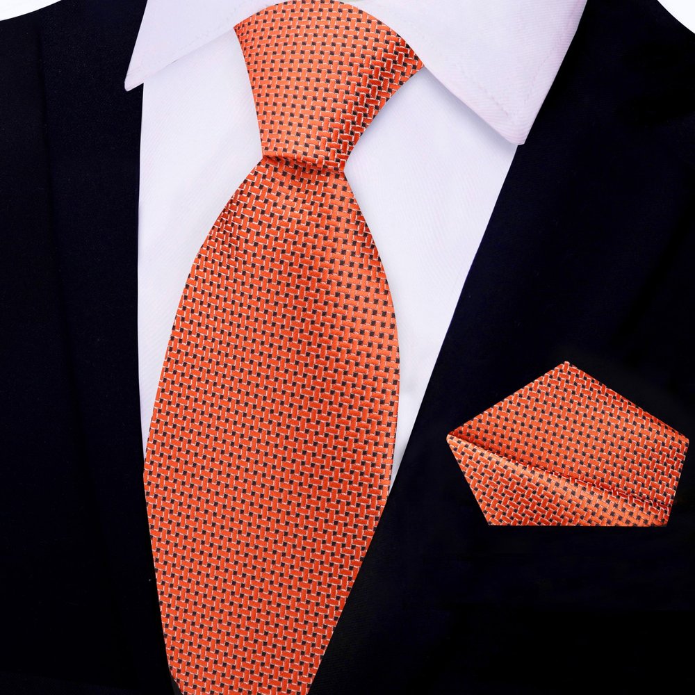 Rugged Orange, Black Geometric Tie and Pocket Square