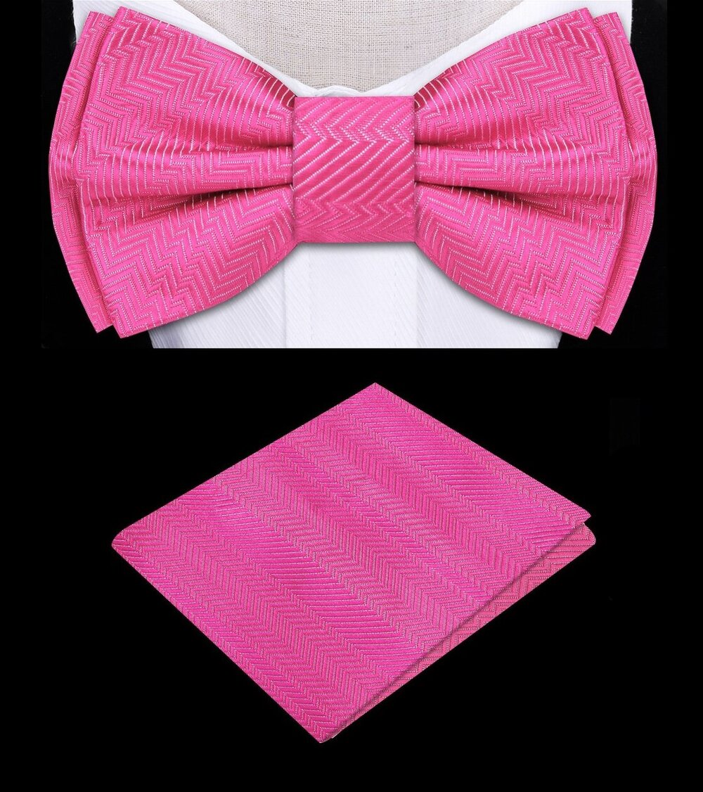 A Solid Fandango Pink Color with Lined Texture Pattern Silk Pre-Tied Bow Tie, Matching Pocket Square