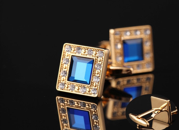 A Gold, Blue Colored Square Shape Cuff-links