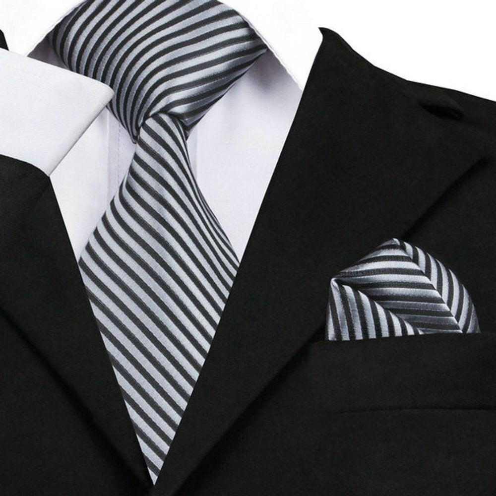 Black, Silver Pinstripe Tie and Pocket Square