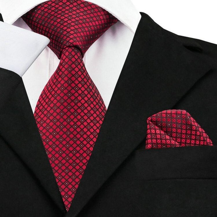 A Burgundy, Black, White Small Geometric Check Pattern Silk Necktie, Matching Pocket Square