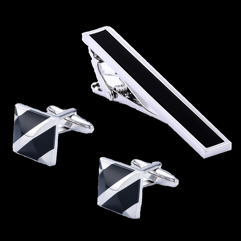 A Chrome, Black Square with Lines Design Cuff-links and Tie Bar