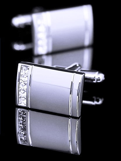 A Silver, Chrome Colored Rectangle Shape Gemstone Edge Cuff-links