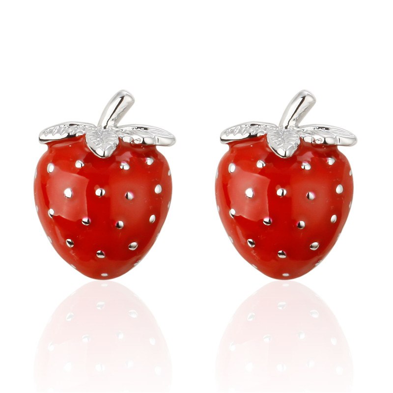 View 2: A Red, Chrome Colored Strawberry Shaped Cuff-links