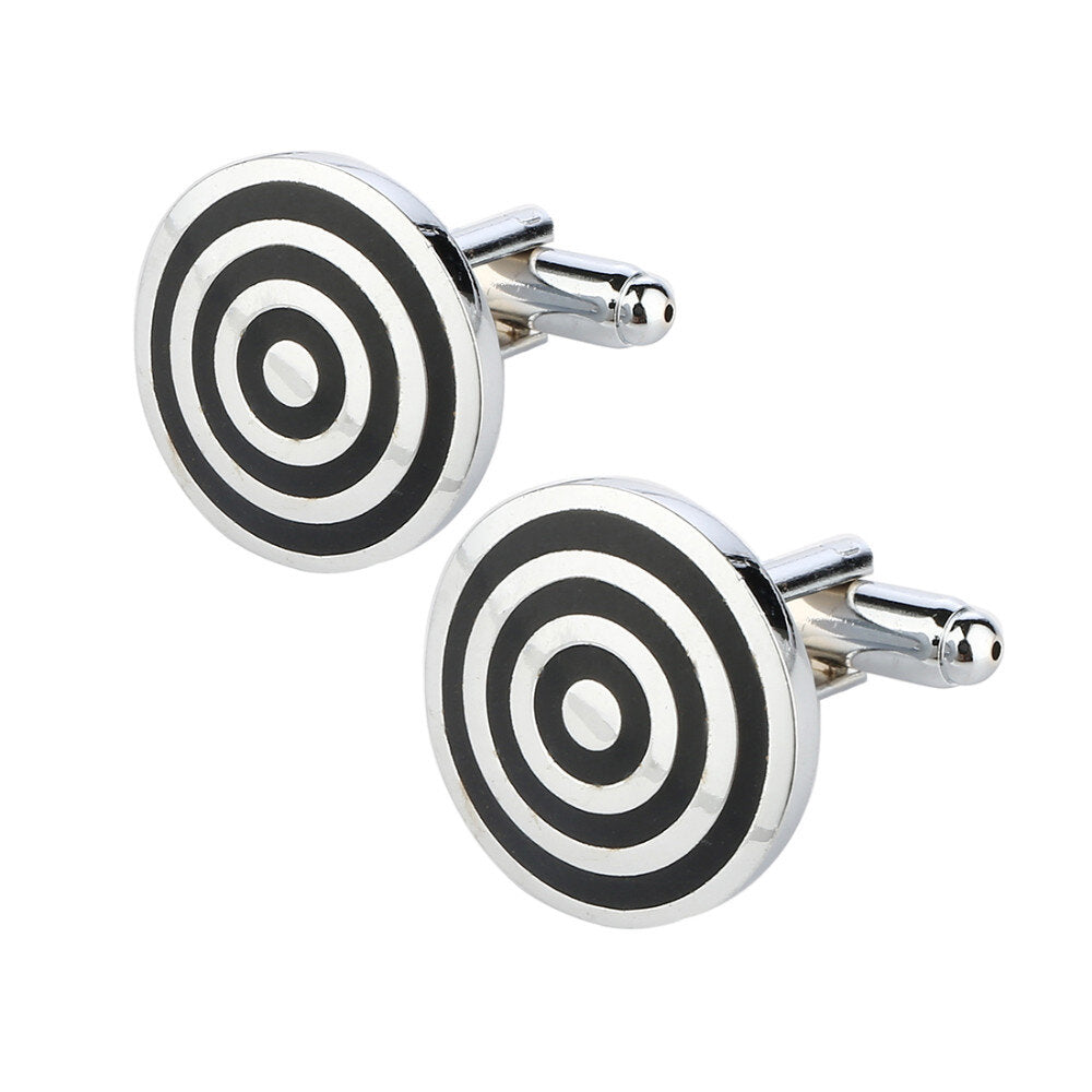 View 3: A Chrome and Black Colored Circular Shape with Bullseye Pattern Cuff-links.