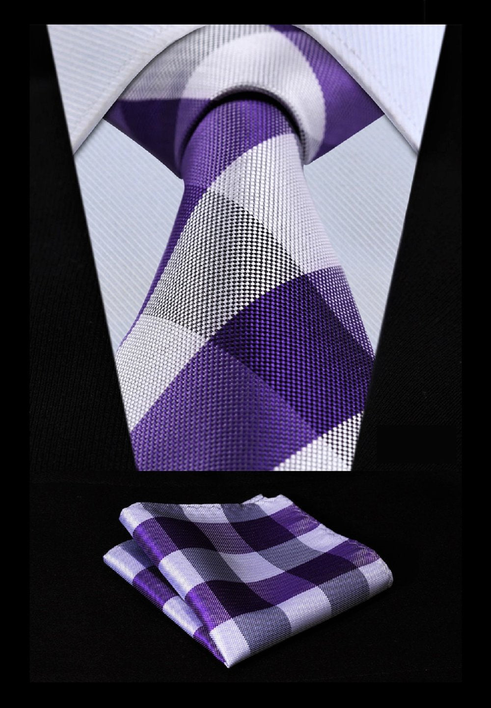 A Purple, White Plaid Pattern Silk Necktie, Matching Pocket Square And Cuff-links.